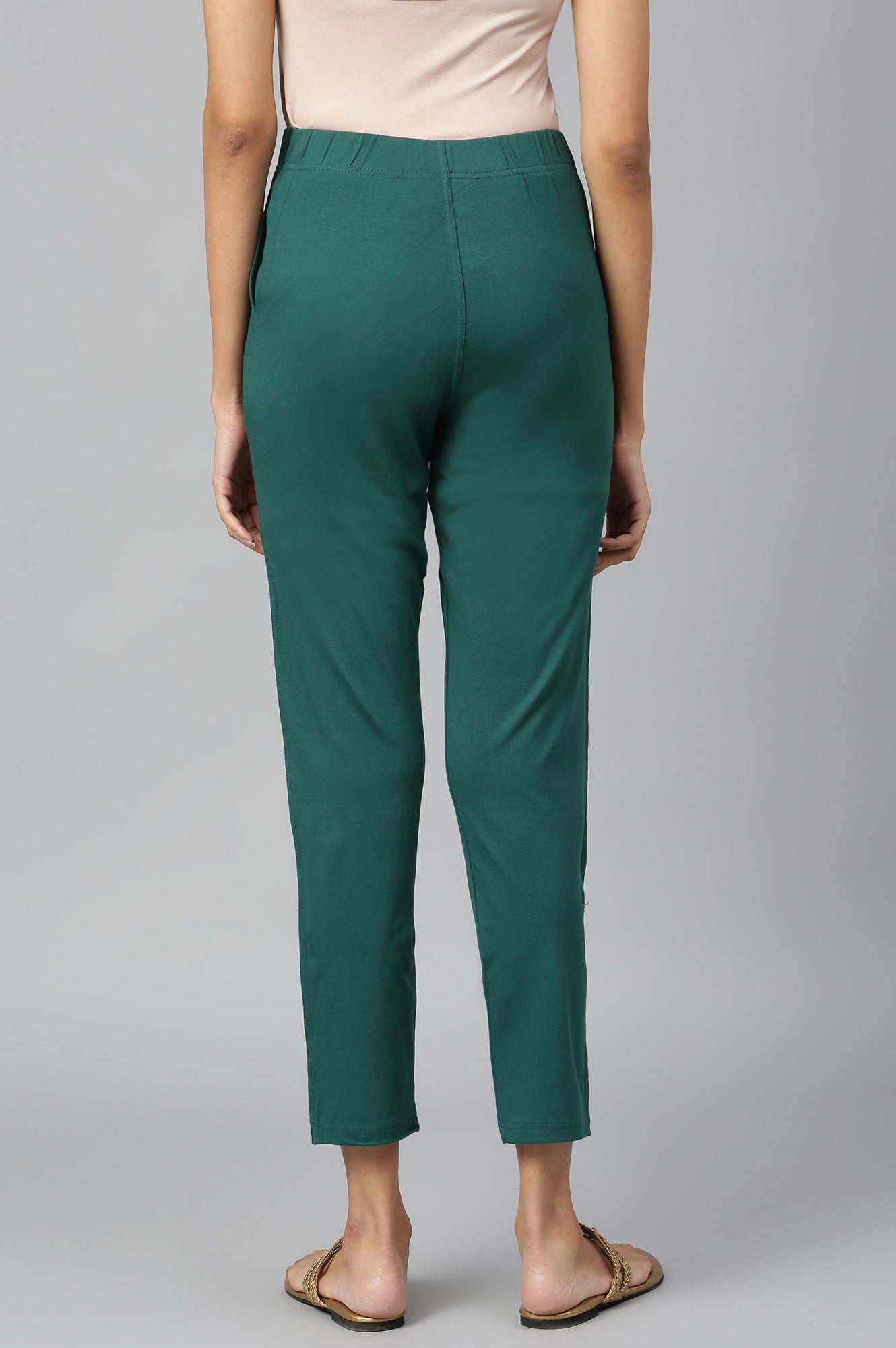 Green Solid Flared Cotton Pants With Elasticated Waist