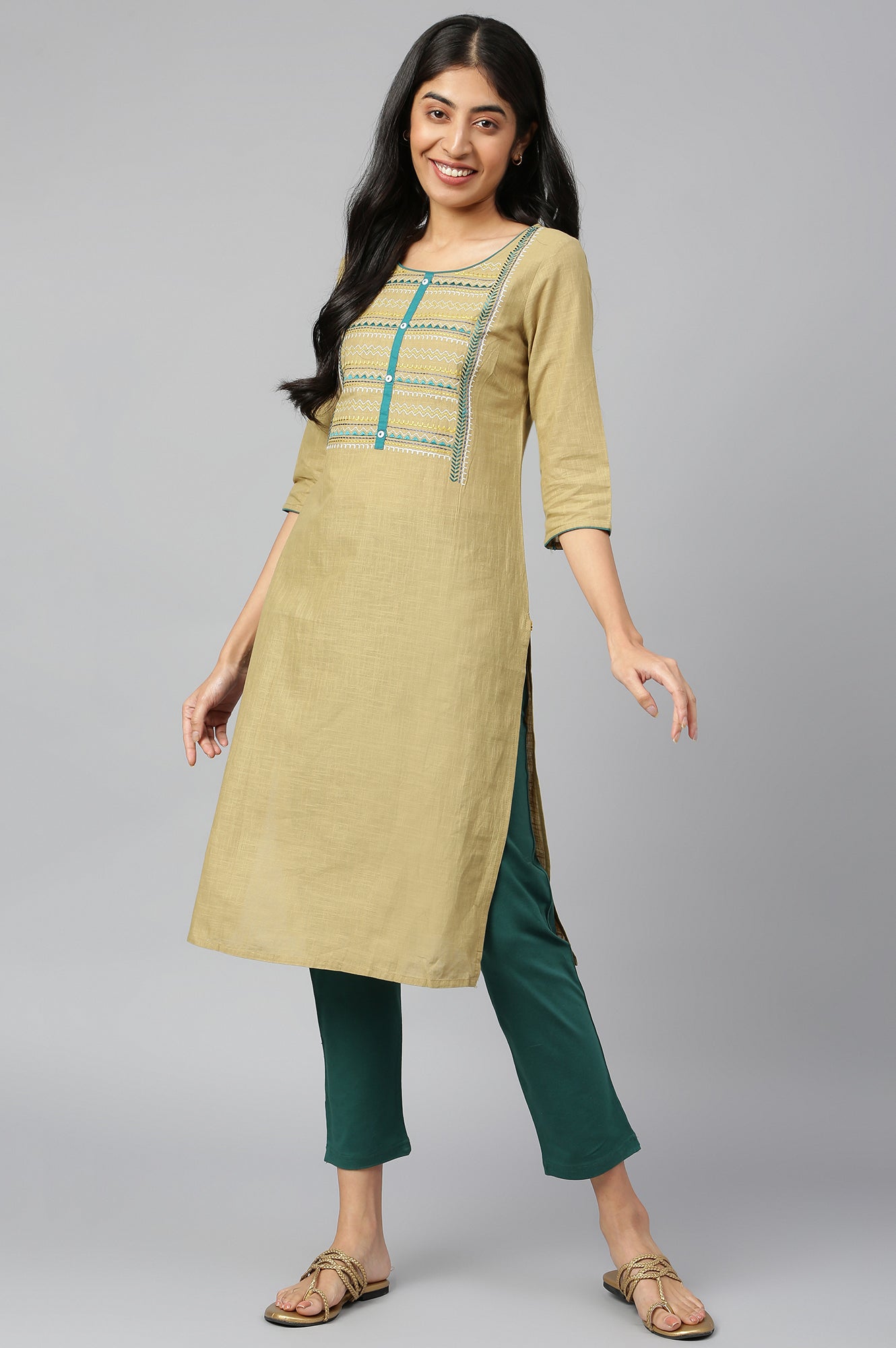 Green Solid Flared Cotton Pants With Elasticated Waist