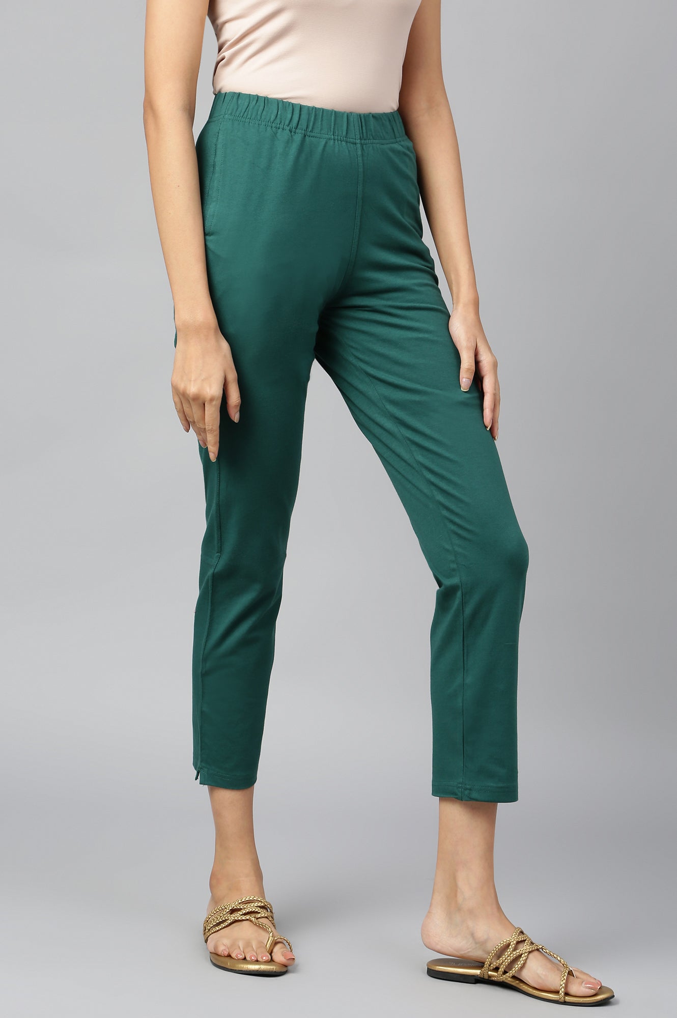 Green Solid Flared Cotton Pants With Elasticated Waist