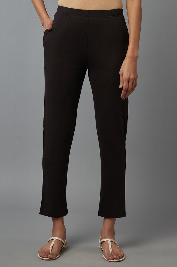 Elleven Women's Black Solid Flared Cotton Pants With Elasticated Waist