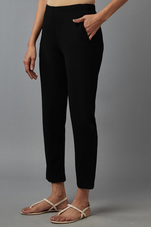 Elleven Women's Black Solid Flared Cotton Pants With Elasticated Waist