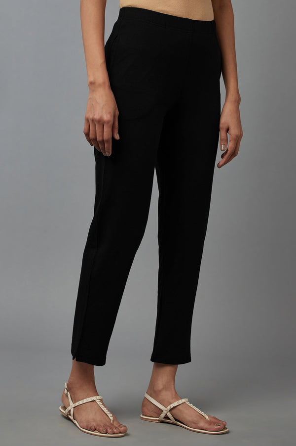 Elleven Women's Black Solid Flared Cotton Pants With Elasticated Waist