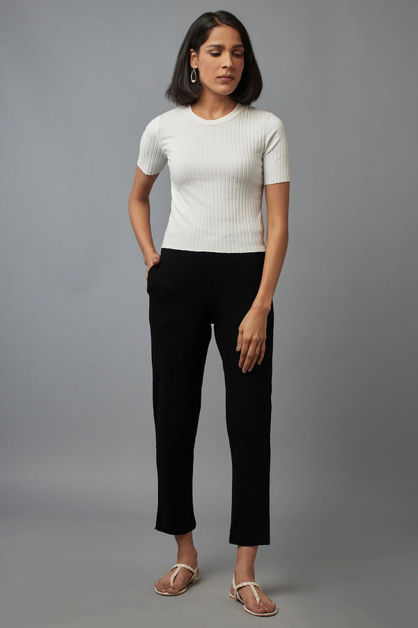 Elleven Women's Black Solid Flared Cotton Pants With Elasticated Waist