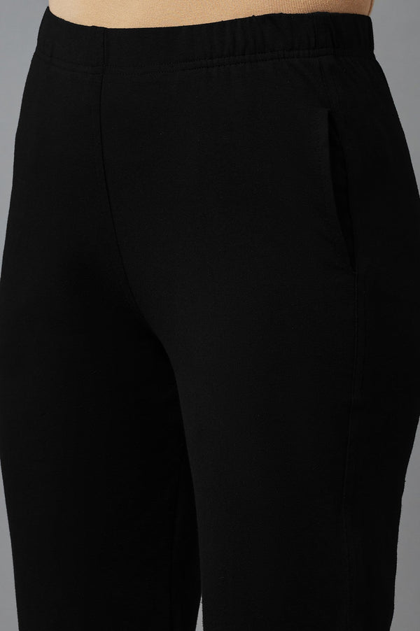 Elleven Women's Black Solid Flared Cotton Pants With Elasticated Waist