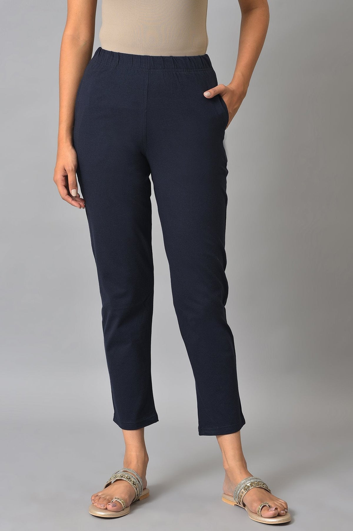 Elleven Women's Navy Blue Solid Flared Cotton Pants With Elasticated Waist - XS