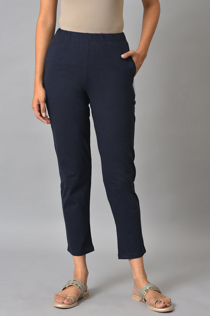 Navy Blue Solid Flared Cotton Pants With Elasticated Waist