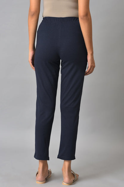 Navy Blue Solid Flared Cotton Pants With Elasticated Waist