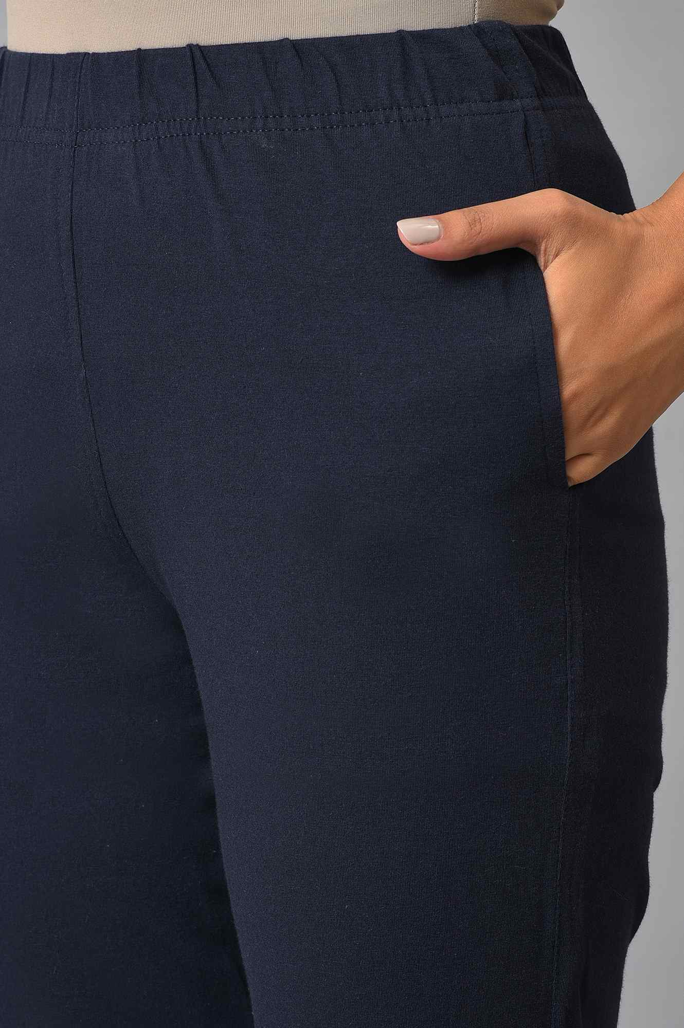 Navy Blue Solid Flared Cotton Pants With Elasticated Waist