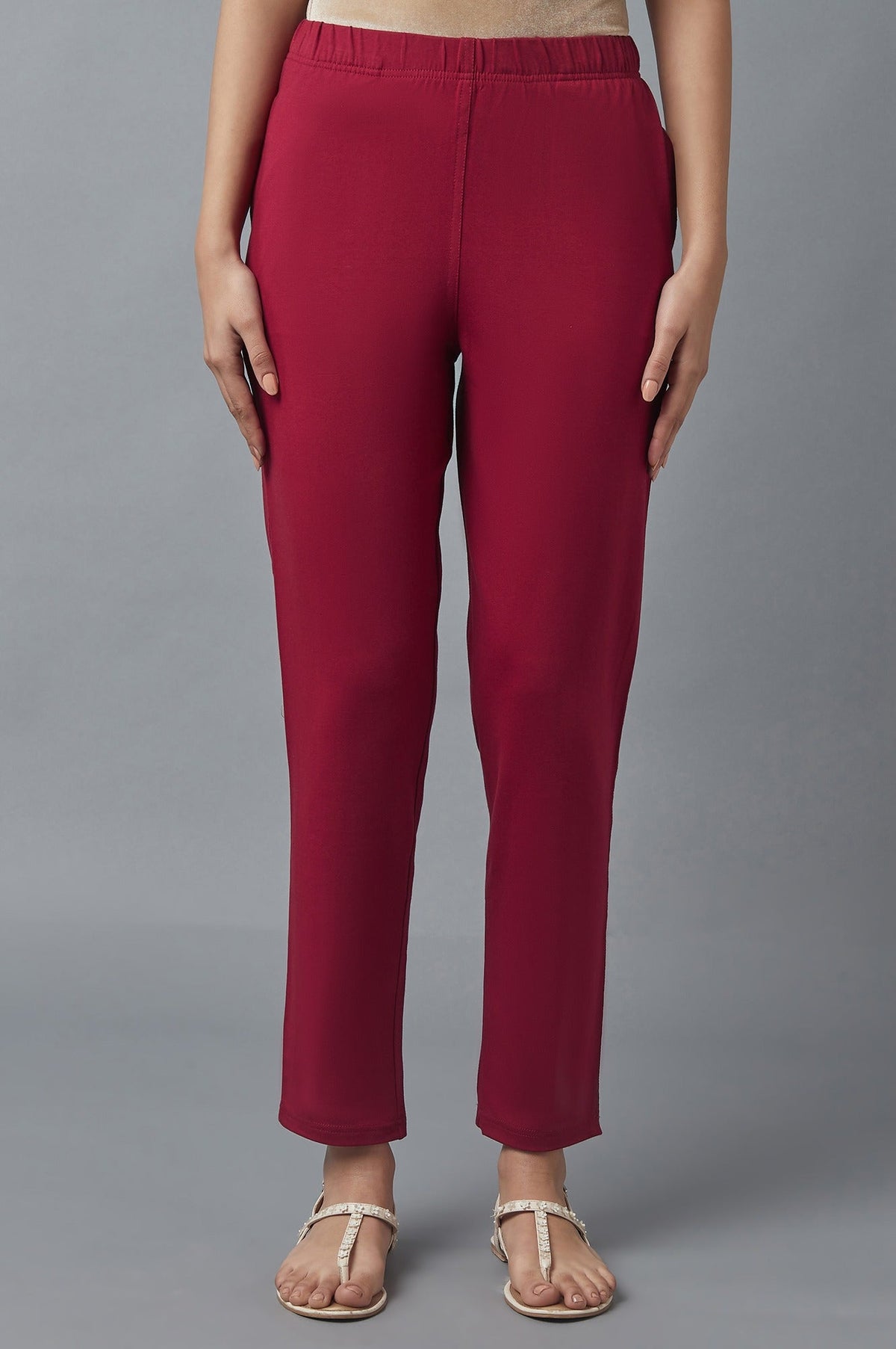 Elleven Women's Maroon Solid Flared Cotton Pants With Elasticated Waist - XS