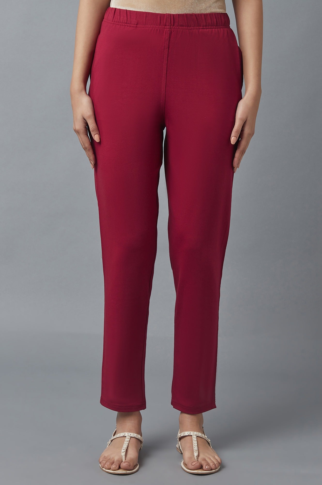 Maroon Solid Flared Cotton Pants With Elasticated Waist