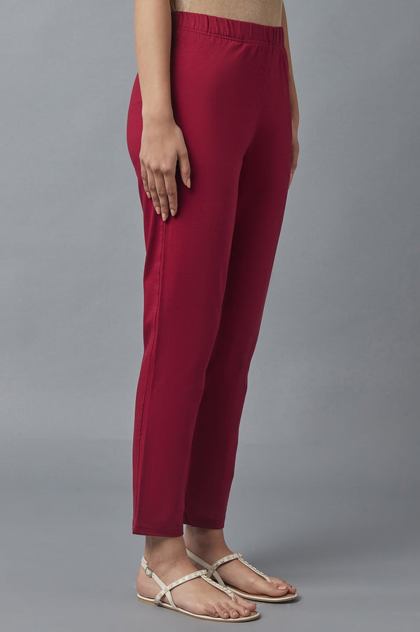 Maroon Solid Flared Cotton Pants With Elasticated Waist
