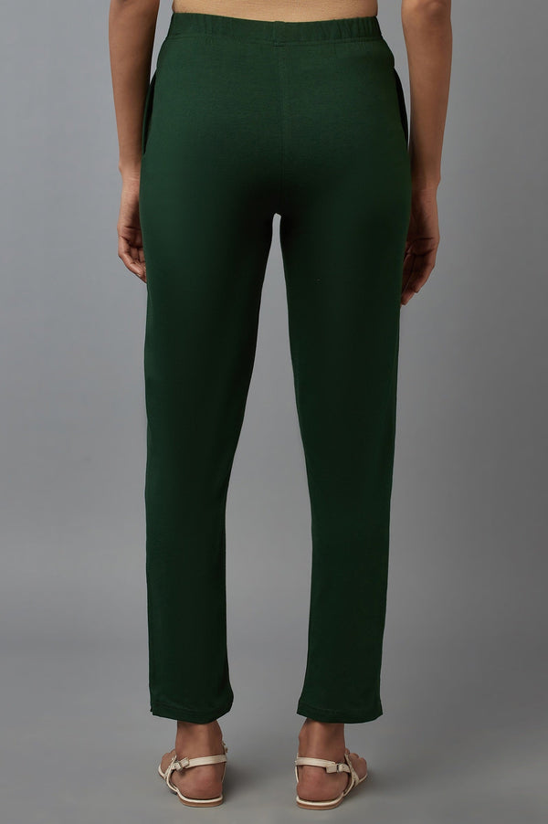 Elleven Women's Dark Green Solid Flared Cotton Pants With Elasticated Waist