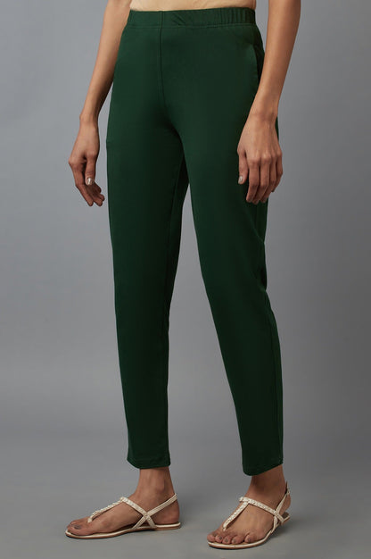 Dark Green Solid Flared Cotton Pants With Elasticated Waist