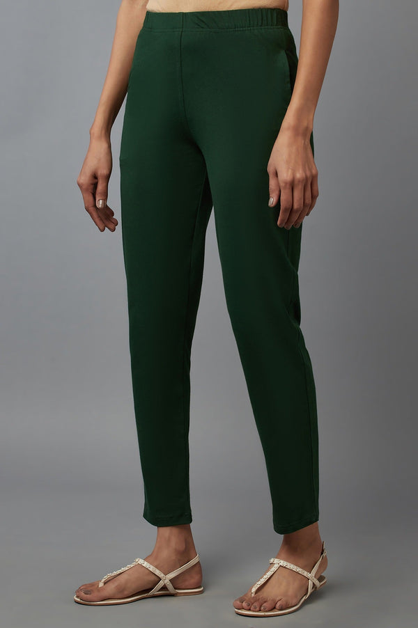 Elleven Women's Dark Green Solid Flared Cotton Pants With Elasticated Waist