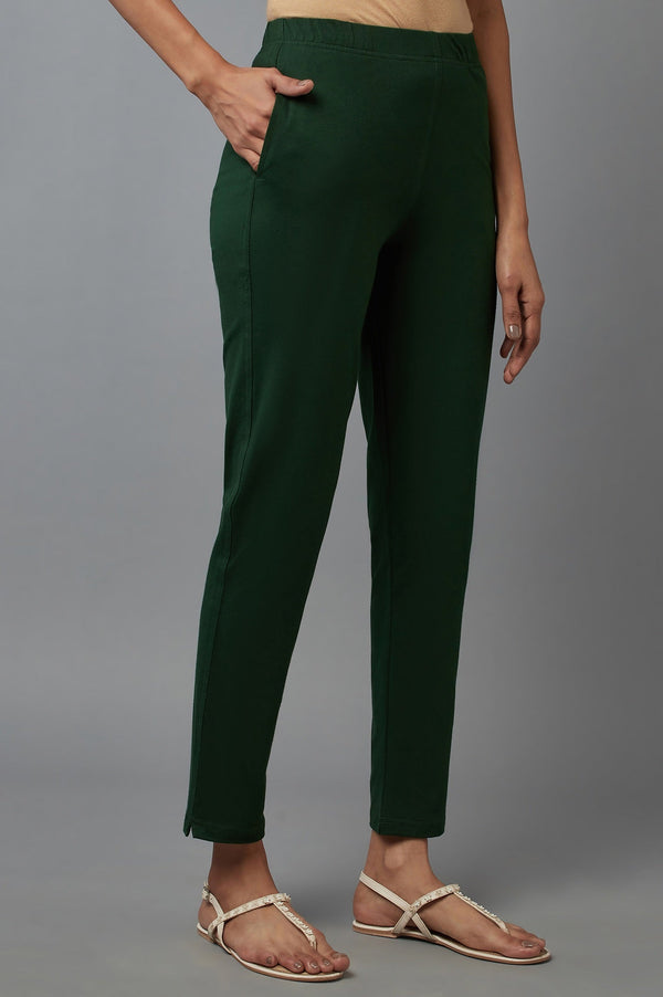 Elleven Women's Dark Green Solid Flared Cotton Pants With Elasticated Waist