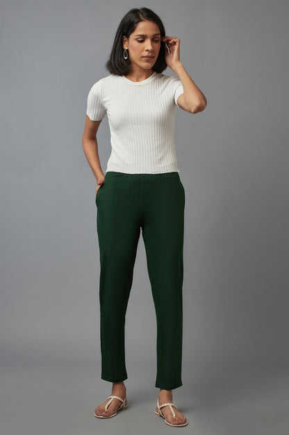 Dark Green Solid Flared Cotton Pants With Elasticated Waist