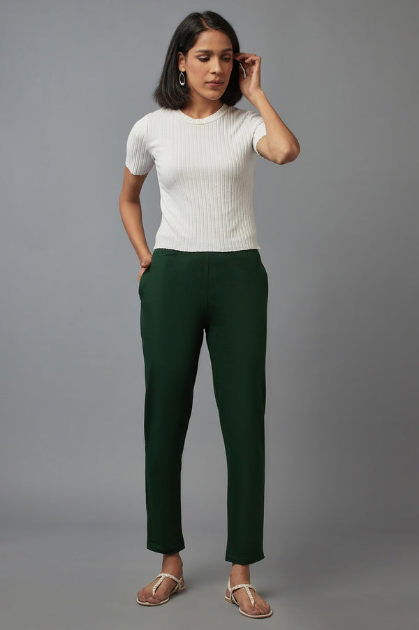 Elleven Women's Dark Green Solid Flared Cotton Pants With Elasticated Waist