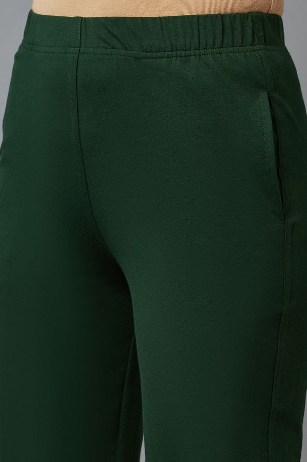 Elleven Women's Dark Green Solid Flared Cotton Pants With Elasticated Waist