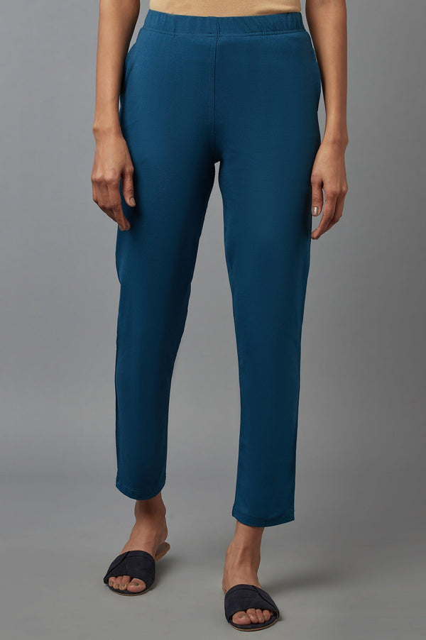 Elleven Women's Blue Solid Flared Cotton Pants With Elasticated Waist