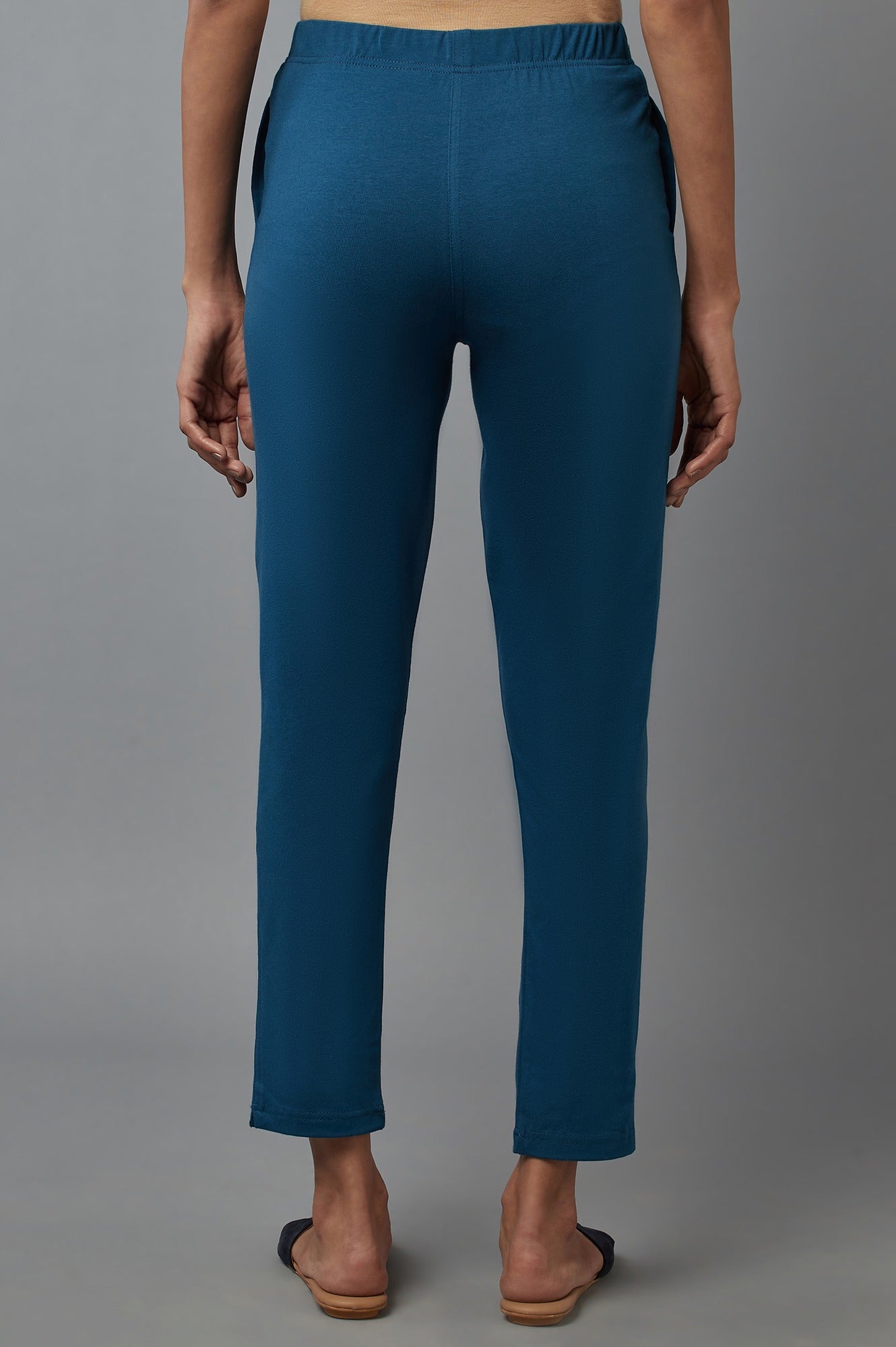 Blue Solid Flared Cotton Pants With Elasticated Waist