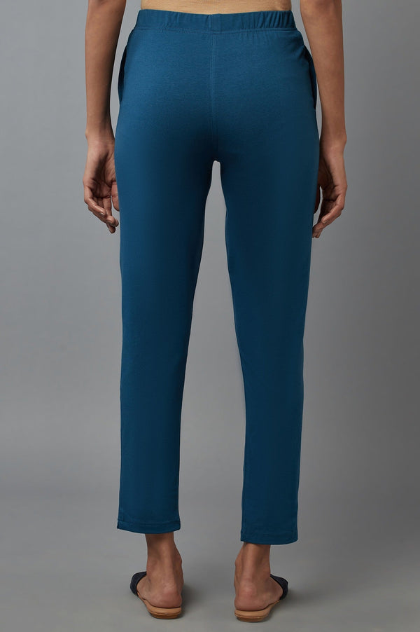 Elleven Women's Blue Solid Flared Cotton Pants With Elasticated Waist