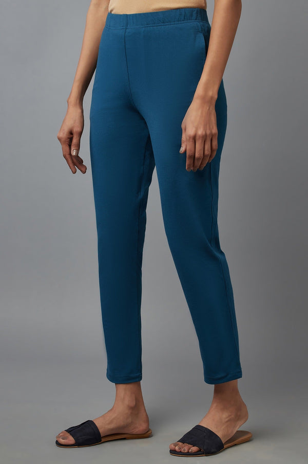 Elleven Women's Blue Solid Flared Cotton Pants With Elasticated Waist
