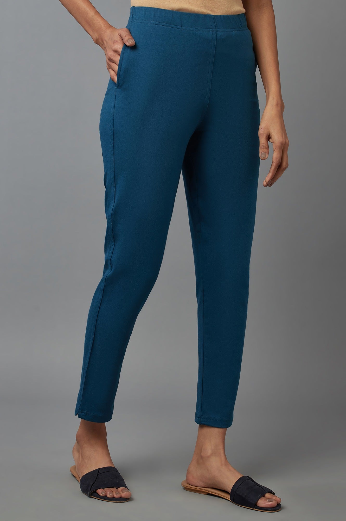 Blue Solid Flared Cotton Pants With Elasticated Waist