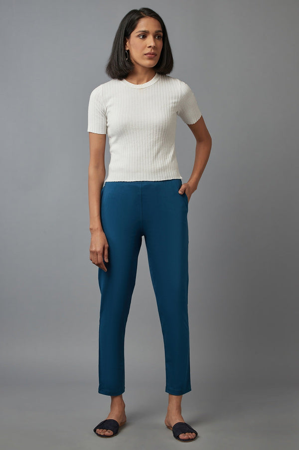 Elleven Women's Blue Solid Flared Cotton Pants With Elasticated Waist
