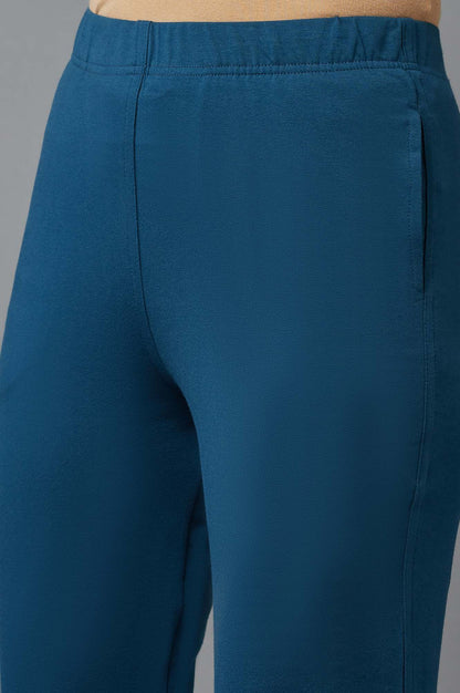 Blue Solid Flared Cotton Pants With Elasticated Waist