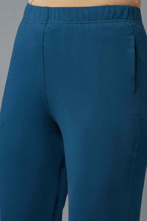 Elleven Women's Blue Solid Flared Cotton Pants With Elasticated Waist
