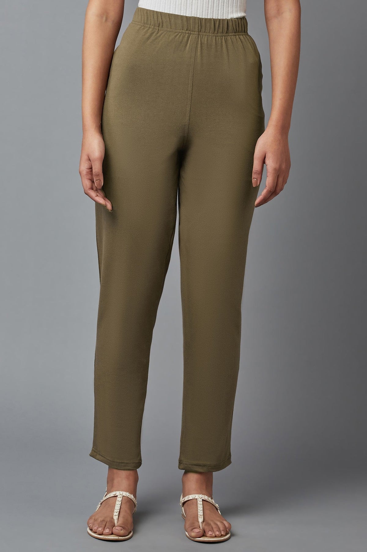Olive Solid Straight-fit Cotton Pants with Elasticated Waist - XS