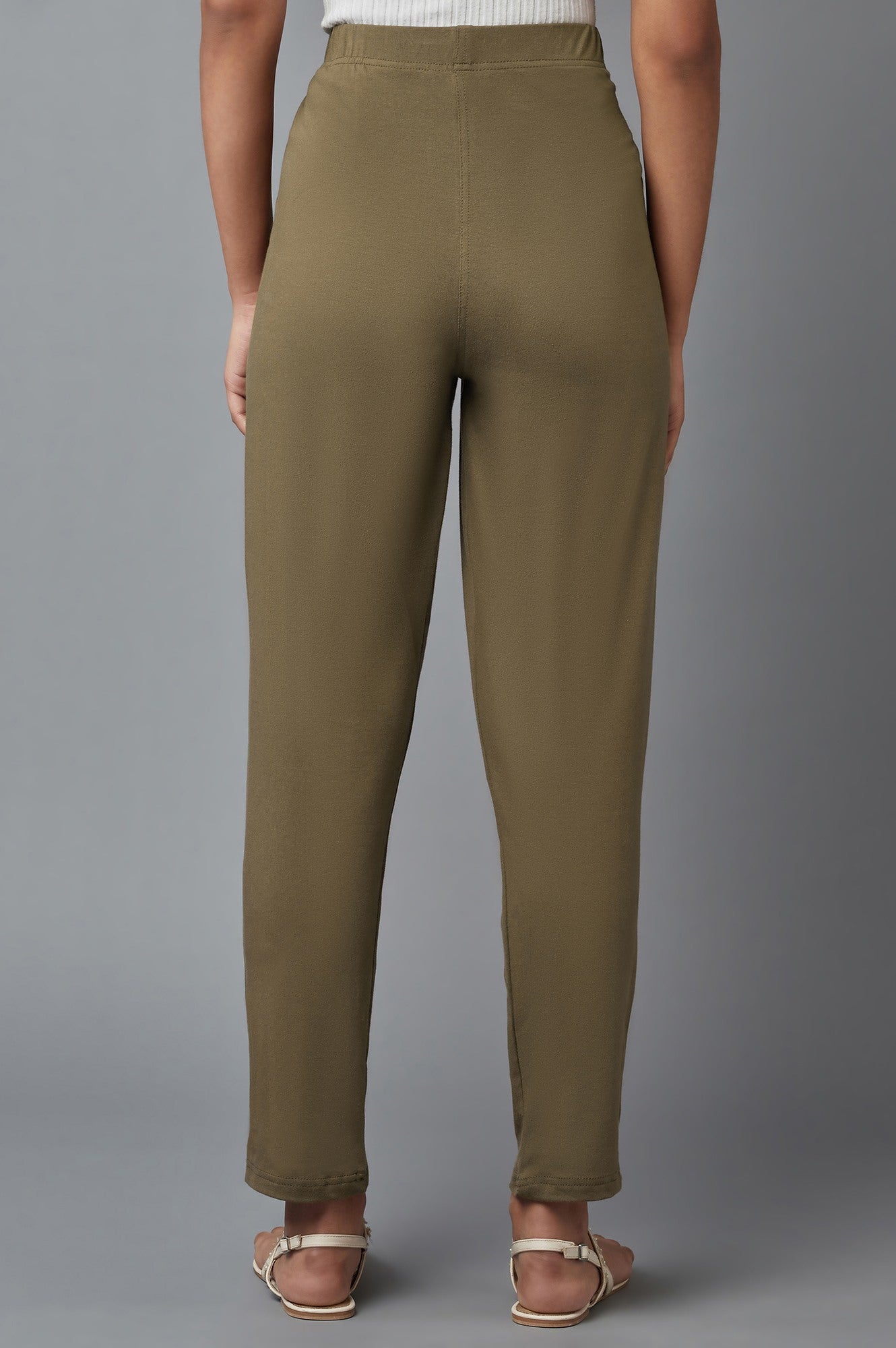 Olive Solid Straight-fit Cotton Pants with Elasticated Waist