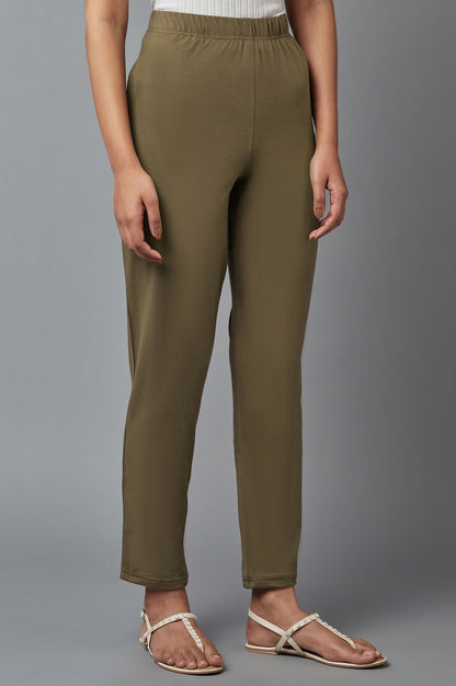 Olive Solid Straight-fit Cotton Pants with Elasticated Waist