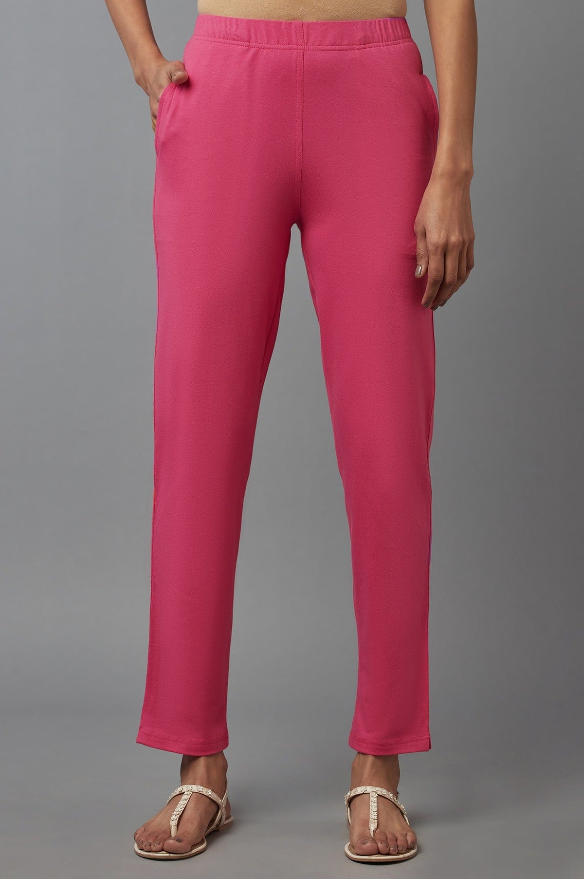 Elleven Women's Pink Solid Flared Cotton Pants With Elasticated Waist - XS