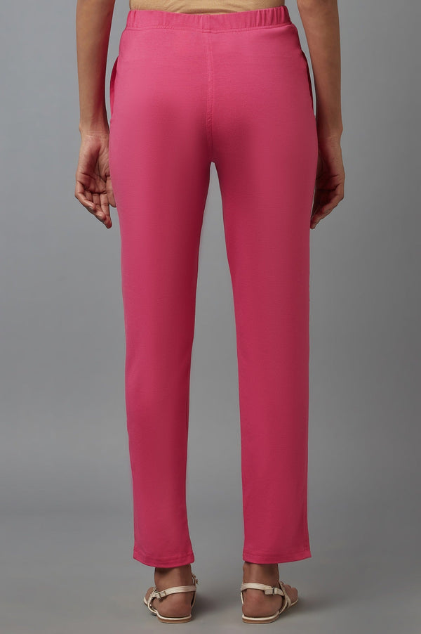 Pink Solid Flared Cotton Pants With Elasticated Waist