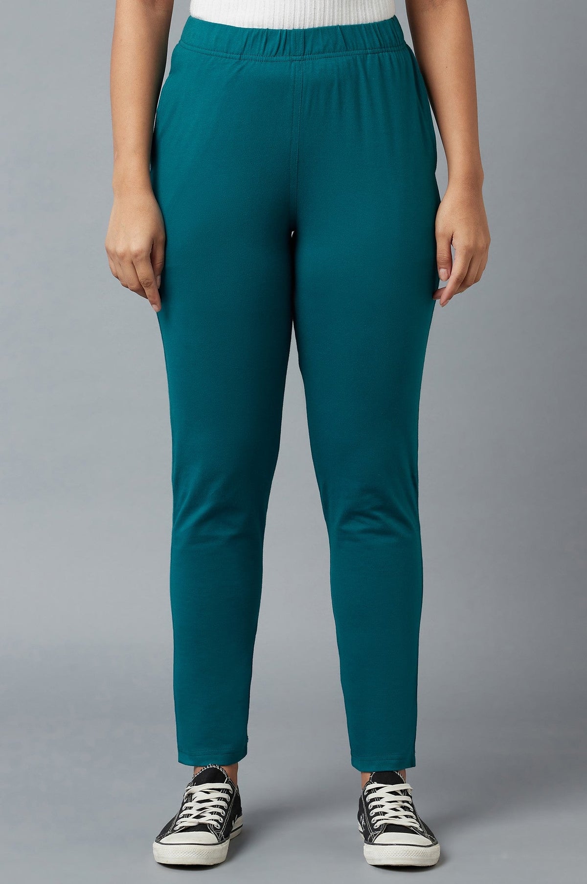 Teal Green Solid Regular Fit Cotton Pants with Elasticated Waist - XS