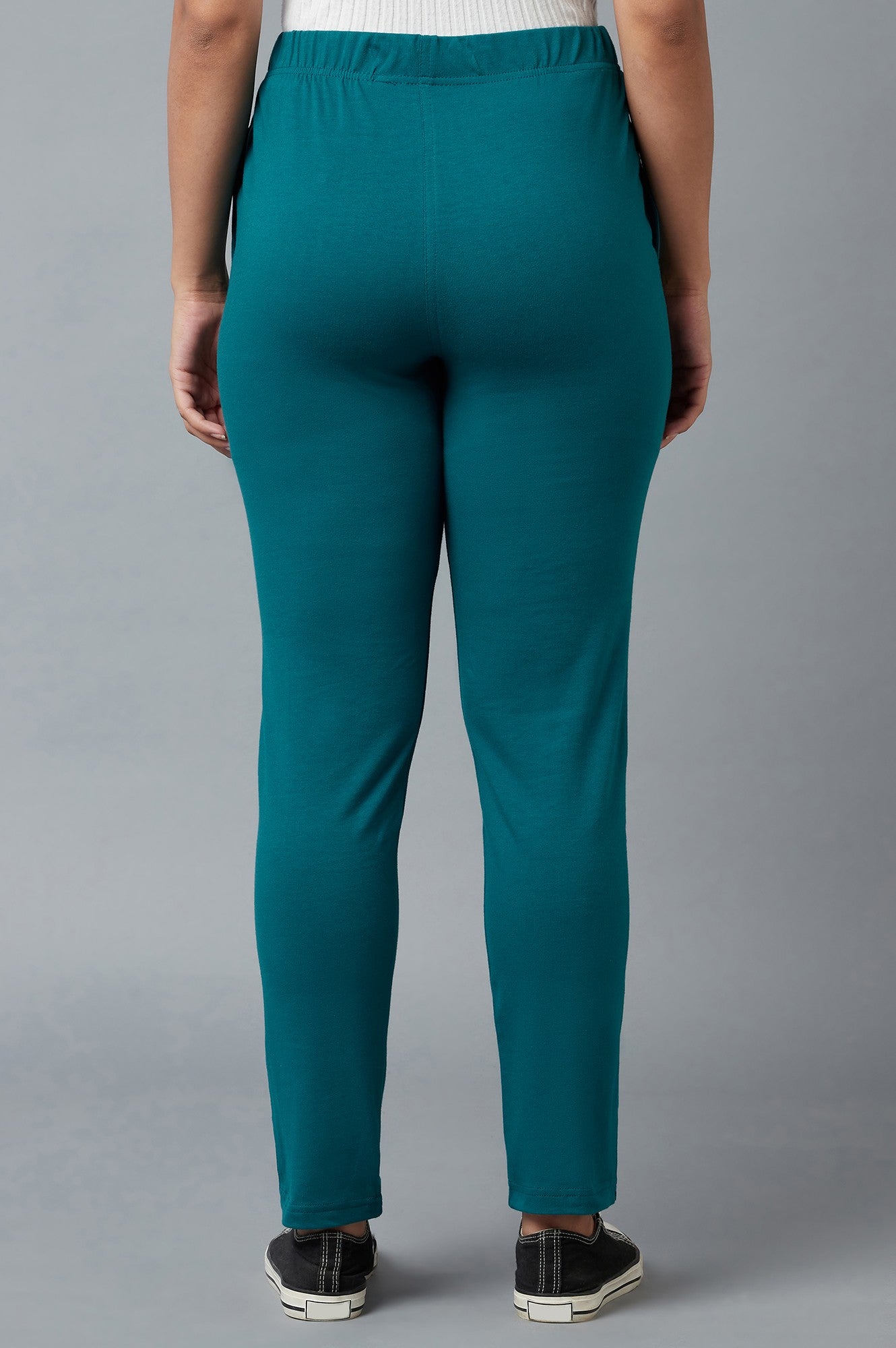 Teal Green Solid Regular Fit Cotton Pants with Elasticated Waist