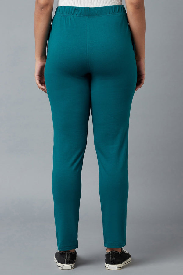 Teal Green Solid Regular Fit Cotton Pants with Elasticated Waist