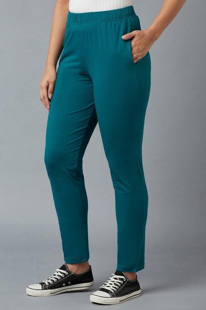 Teal Green Solid Regular Fit Cotton Pants with Elasticated Waist