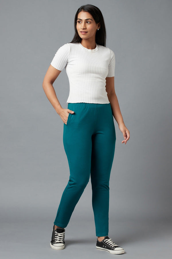 Teal Green Solid Regular Fit Cotton Pants with Elasticated Waist