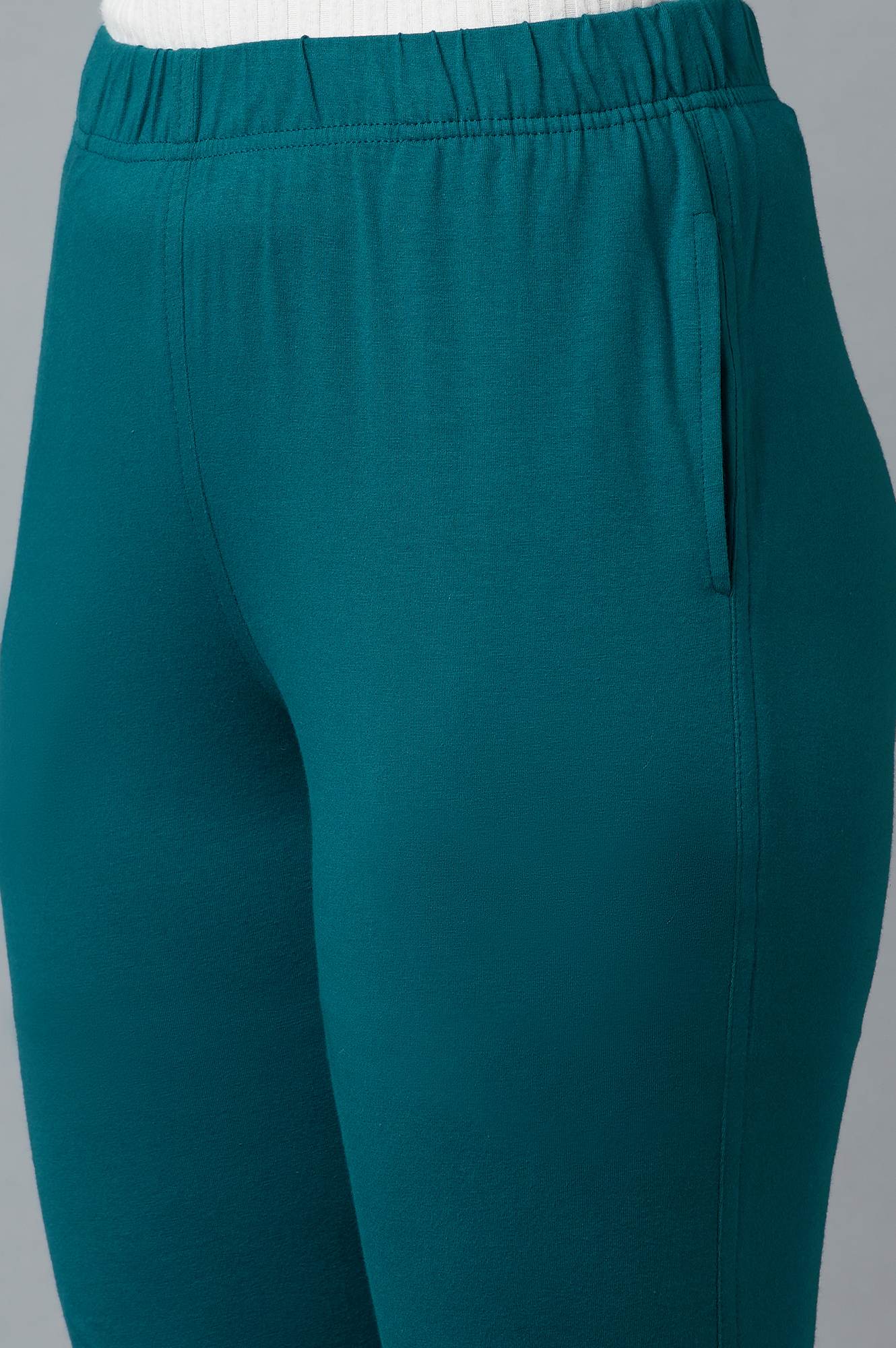 Teal Green Solid Regular Fit Cotton Pants with Elasticated Waist