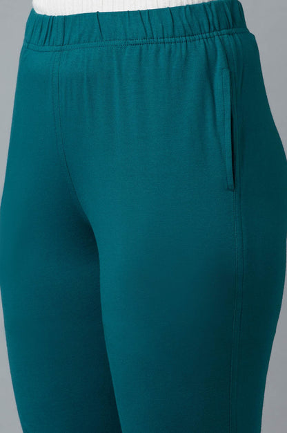 Teal Green Solid Regular Fit Cotton Pants with Elasticated Waist