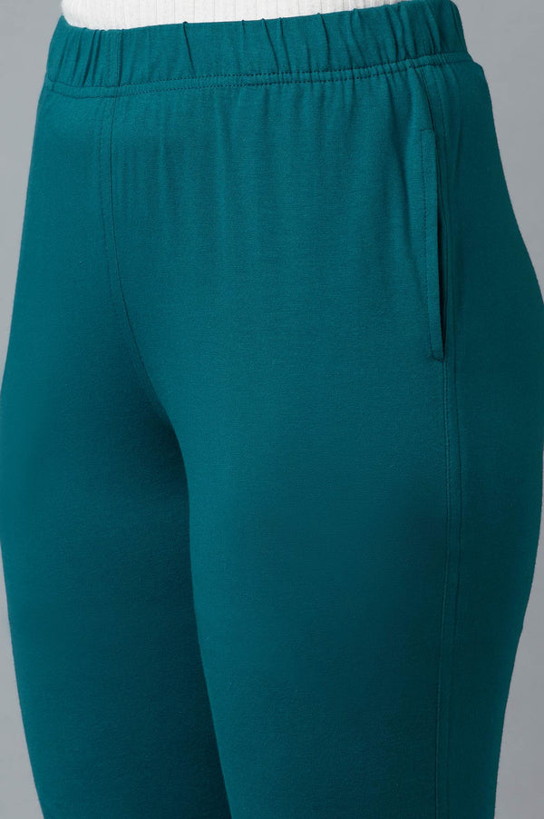 Teal Green Solid Regular Fit Cotton Pants with Elasticated Waist