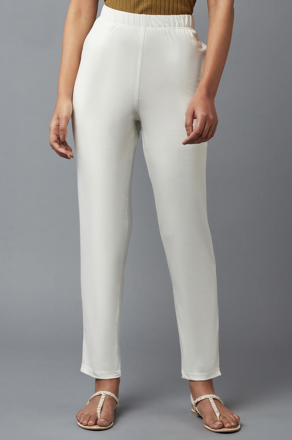 Elleven Women's White Solid Flared Cotton Pants With Elasticated Waist