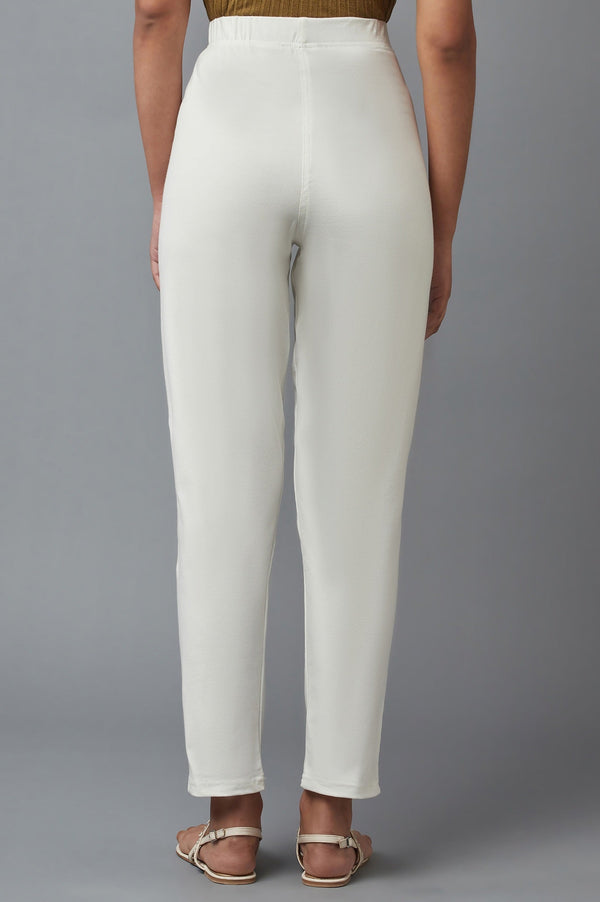Elleven Women's White Solid Flared Cotton Pants With Elasticated Waist