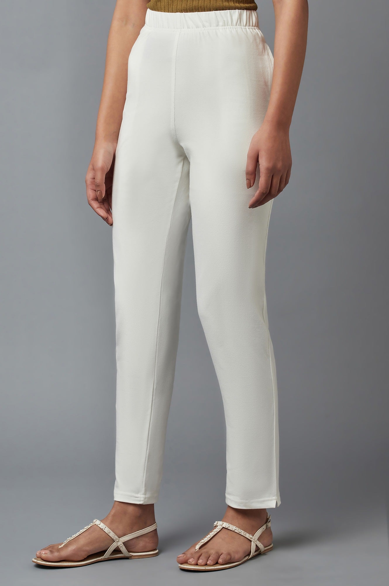White Solid Flared Cotton Pants With Elasticated Waist