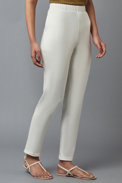 White Solid Flared Cotton Pants With Elasticated Waist