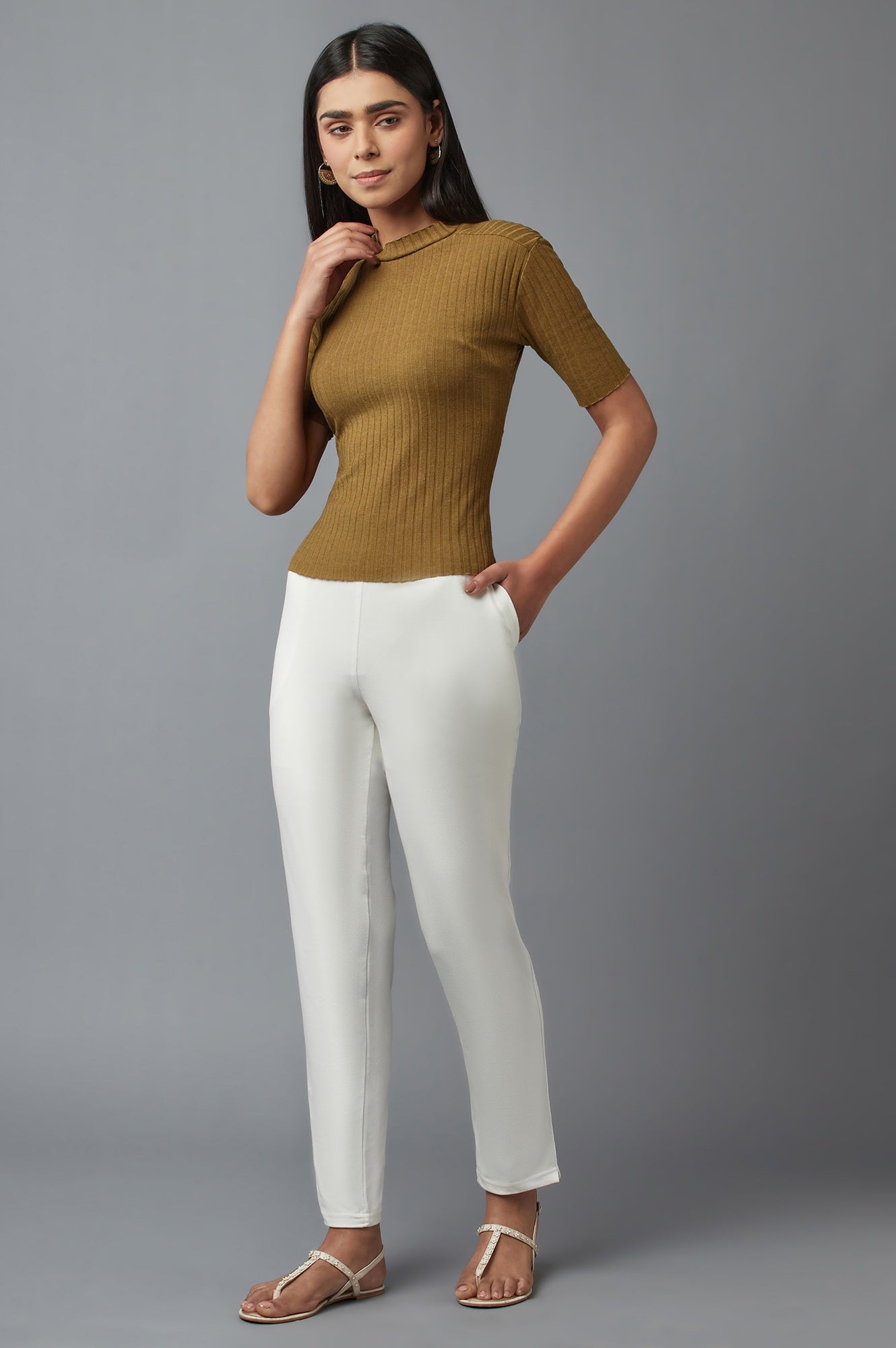 White Solid Flared Cotton Pants With Elasticated Waist