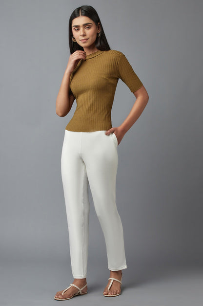 White Solid Flared Cotton Pants With Elasticated Waist