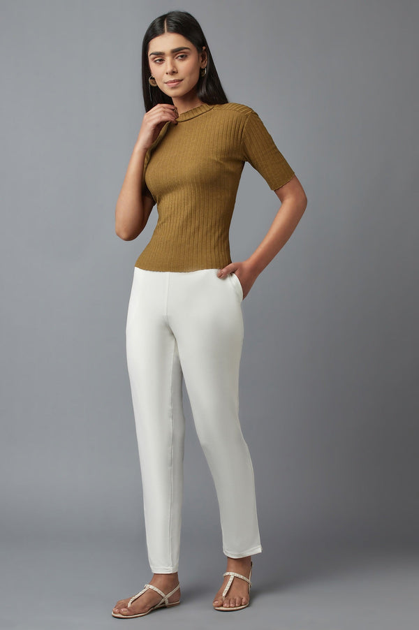 Elleven Women's White Solid Flared Cotton Pants With Elasticated Waist